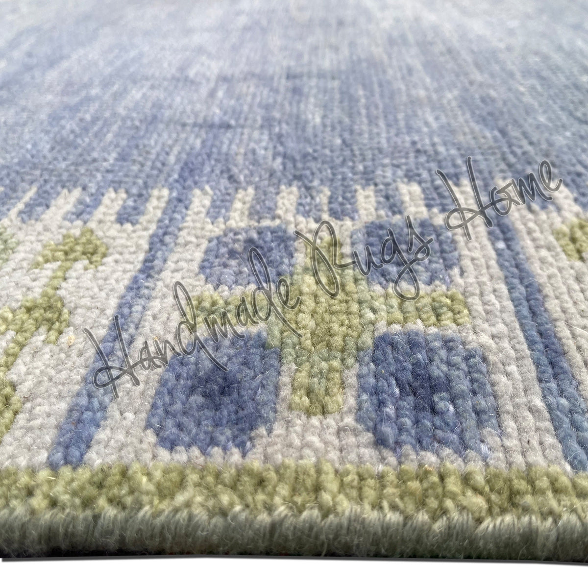 Handwoven Oushak Rug: Blue & Green Vintage Style Wool Carpet