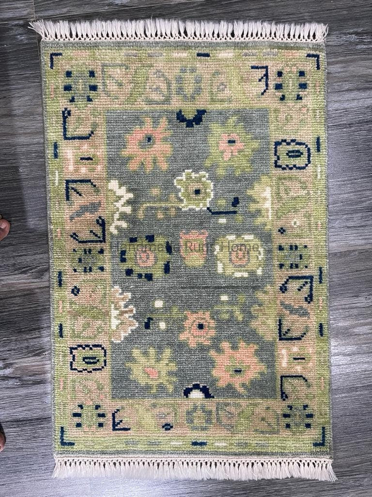 Handmade Wool Oushak Rug: Green Multi-Color Area Rug