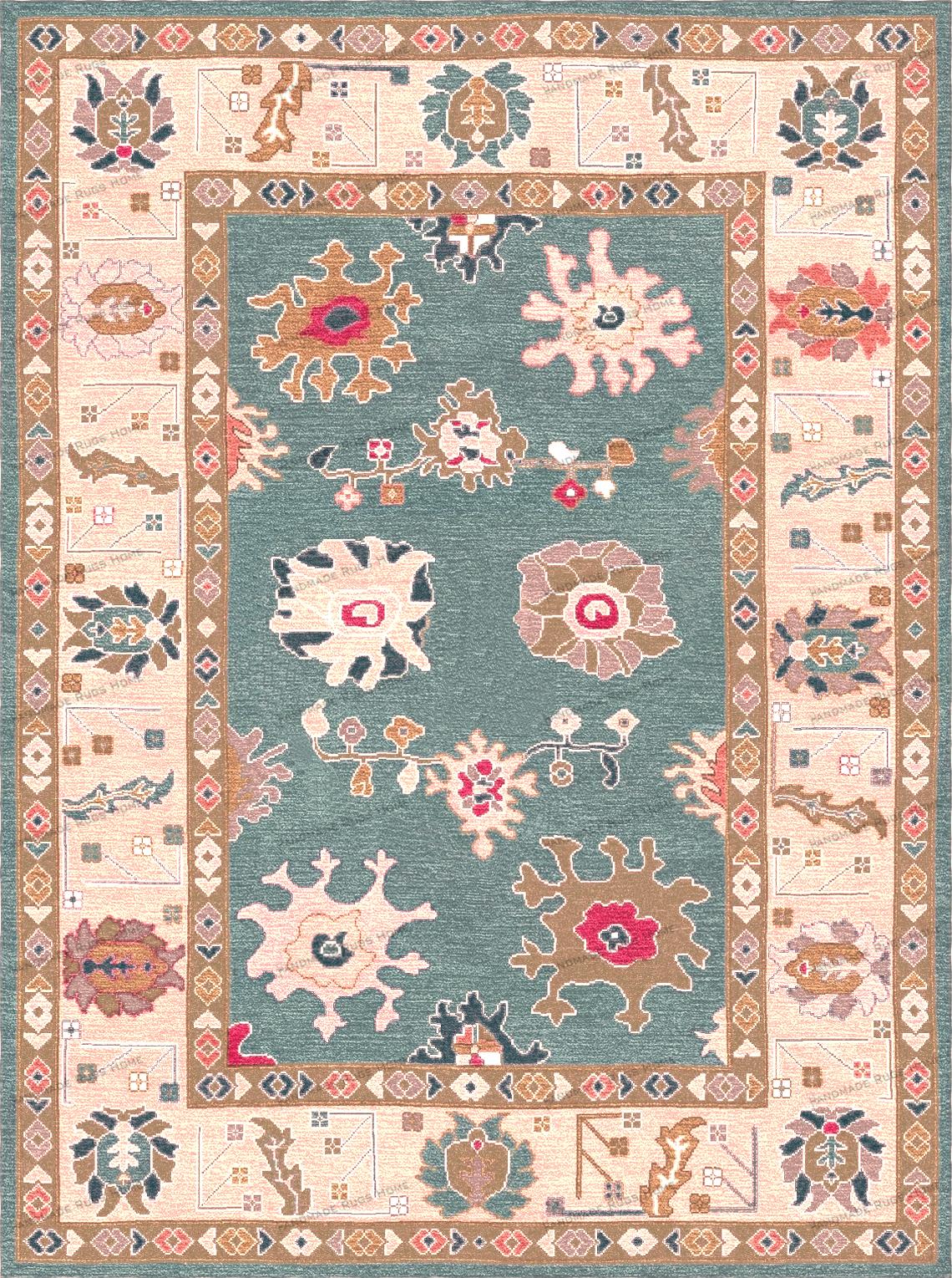 High-quality, durable wool rug with hand-tied knots, shown on a marble floor.
