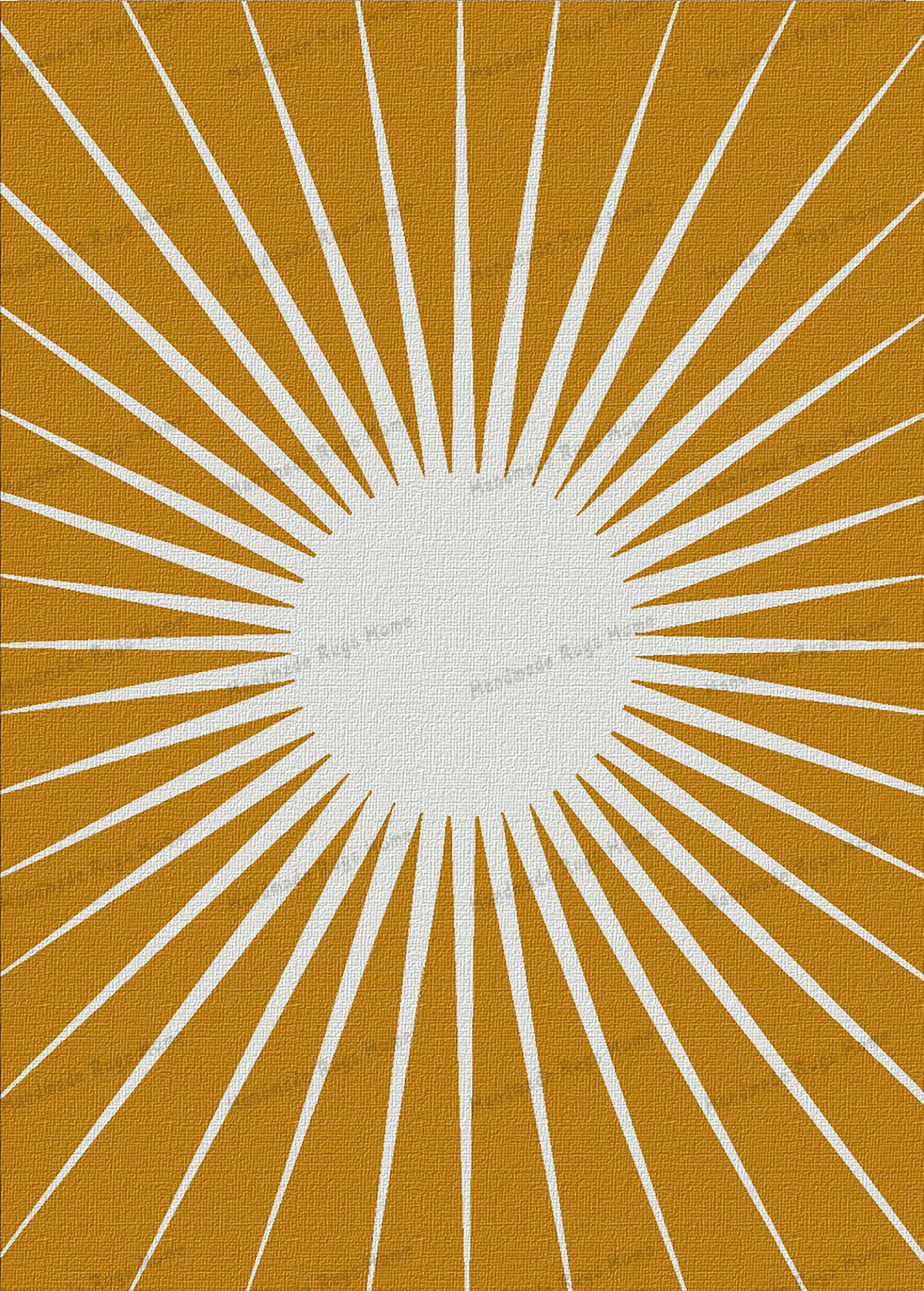 Bohemian-style round rug with a radiant gold and white starburst pattern.