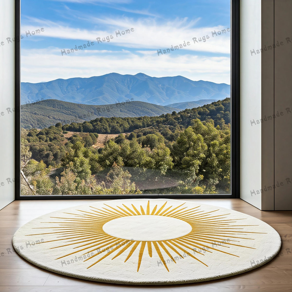 Chic round hand-tufted rug designed with a striking sun motif, perfect for modern interiors.