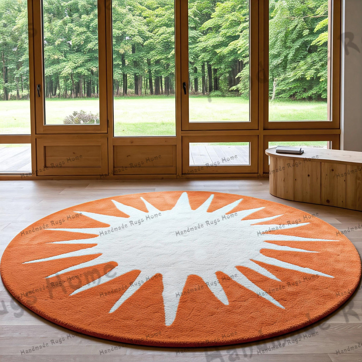 Soft Orange round hand-tufted rug, perfect for brightening up your home. Its plush feel and bold color make it a stylish addition to any room.