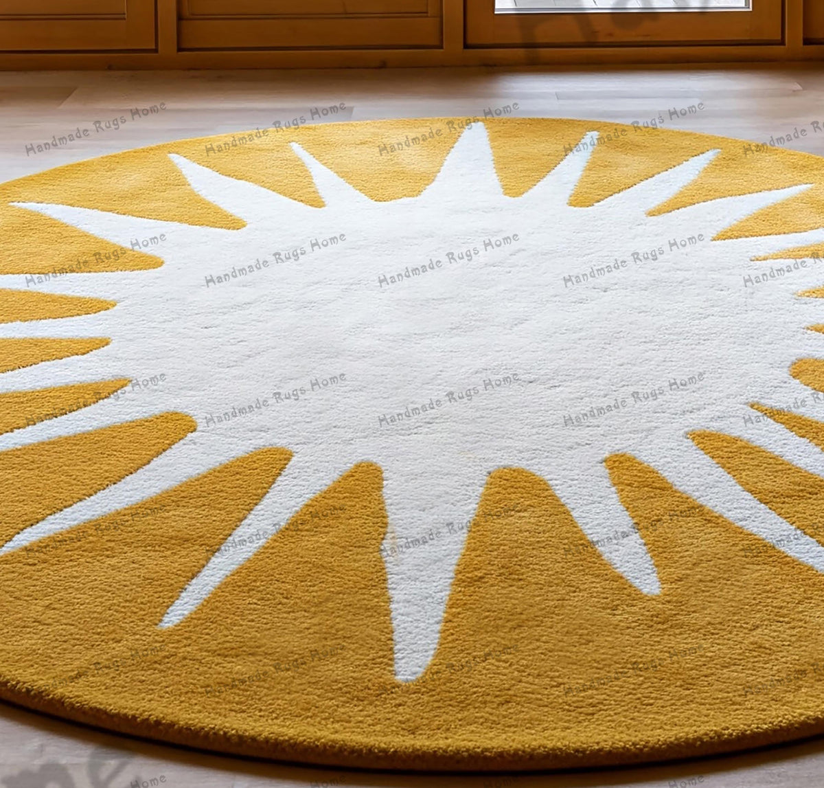 Mustard Round Hand Tufted Rug" for creating alt text. However, since I don't have access to uploaded files, I can help you craft alt text based on a general description of the rug.