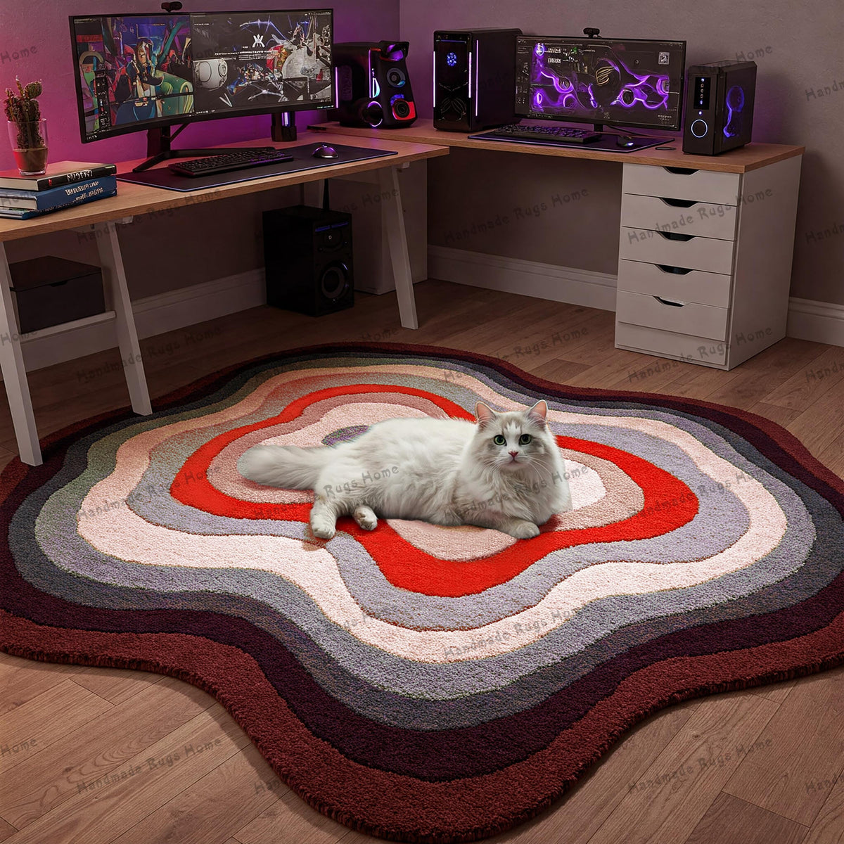 Modern tufted rug with geometric shapes, enhancing the decor of a gaming room.