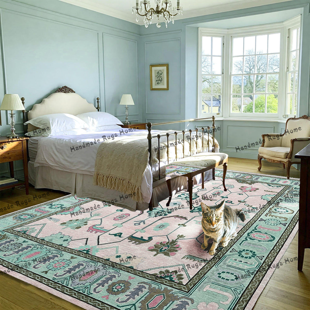 Handwoven Turkish rug featuring Oushak-style patterns and soft hues.