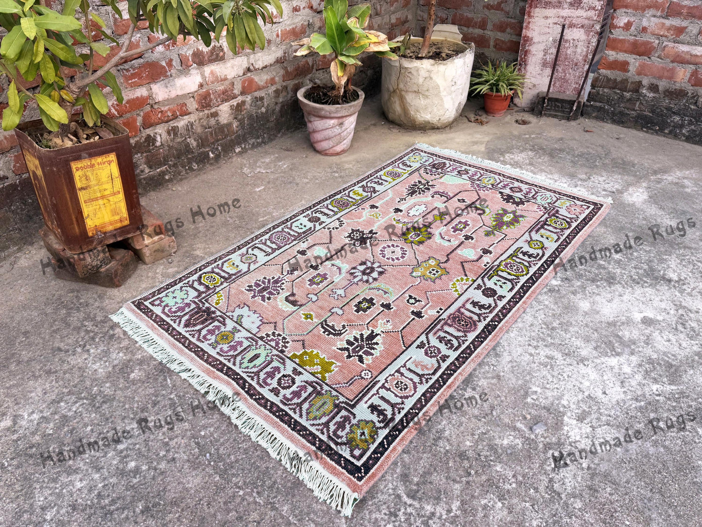 Vibrant Turkish Style Oushak rug with floral and geometric accents, perfect for any room.