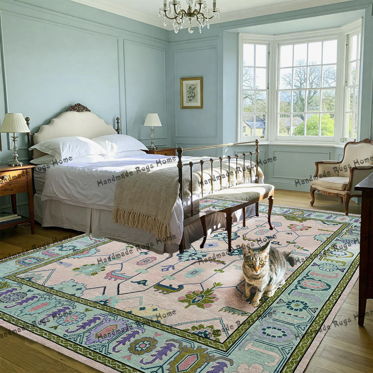 Handmade green and pink rug placed on a wooden surface.