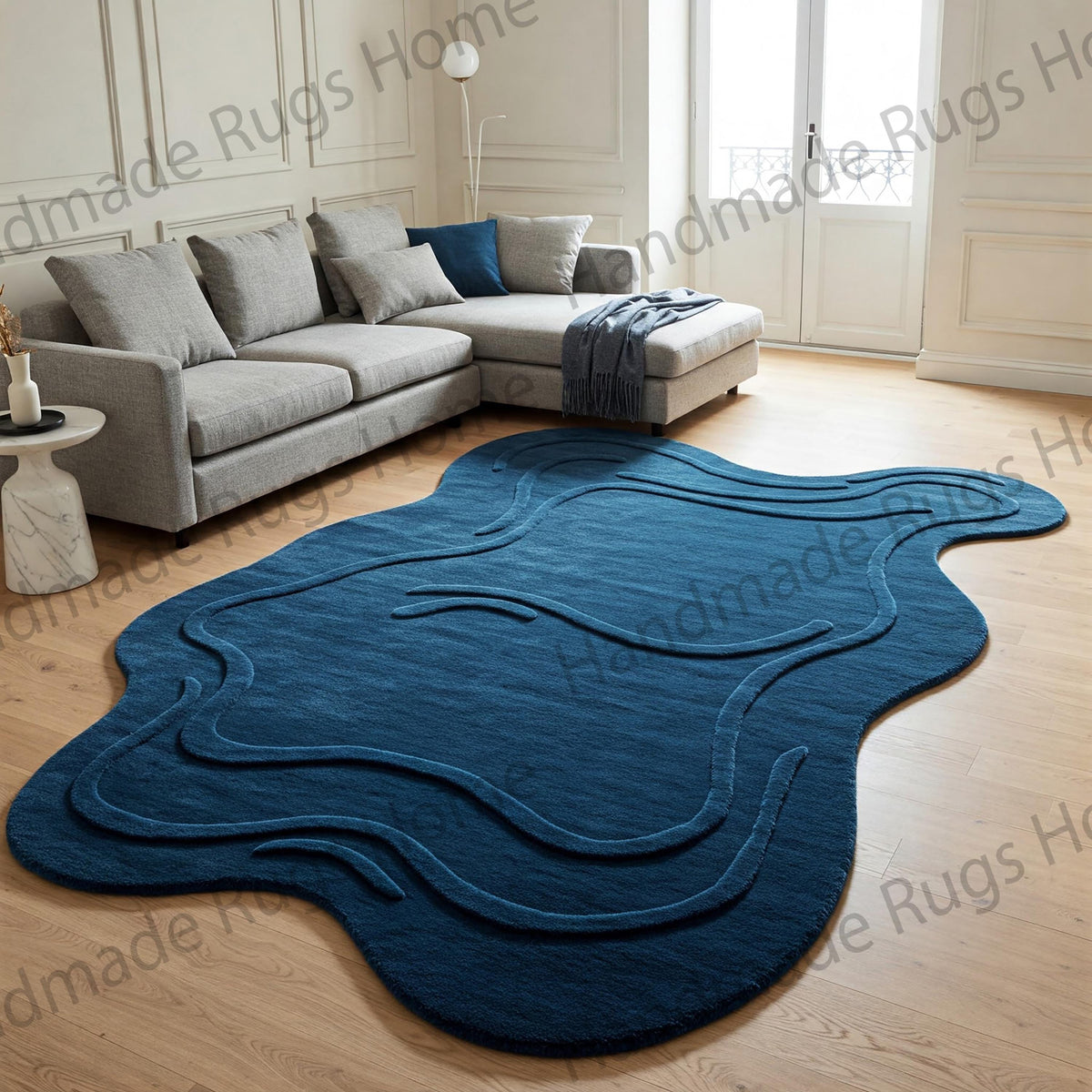 Luxury Wavy Green Rug - Organic Shaped Handmade Floor Decor