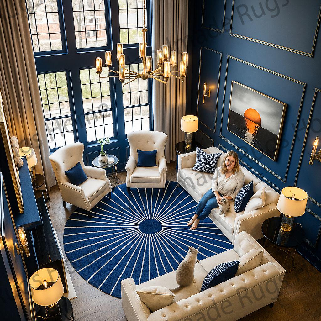 A round blue hand-tufted wool rug with white radiating lines in a modern living room