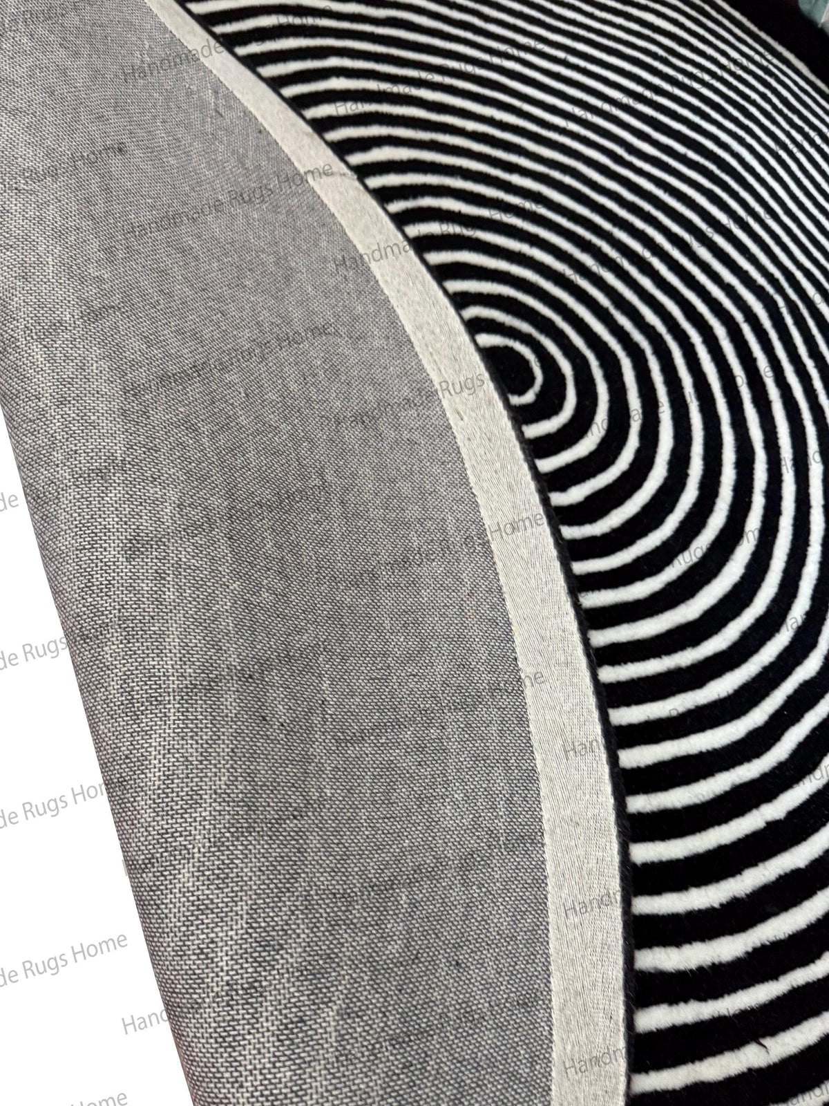 Monochrome Spiral Round Hand-Tufted Wool Rug – Black and White Modern Circle Carpet