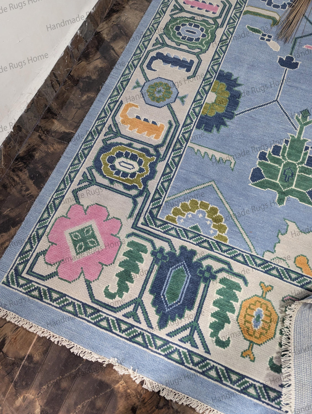 Hand Knotted Oushak Wool Rug: Sky Blue & Green Turkish Style