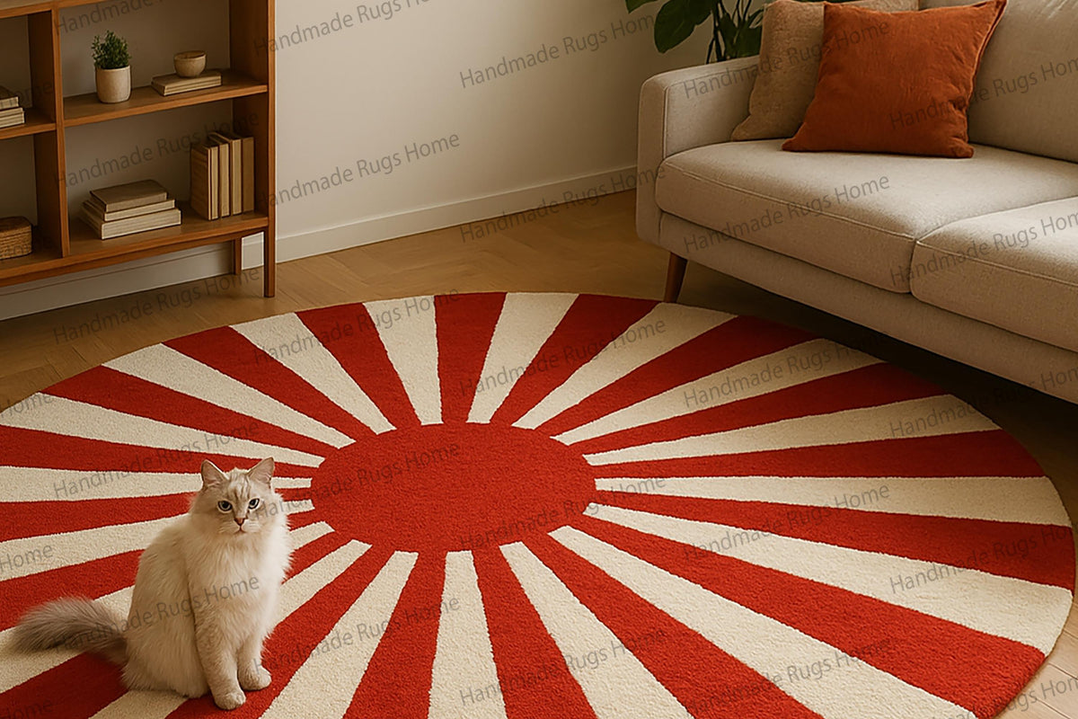 Hand Tufted Wool Round Rug, Red Sunburst Design