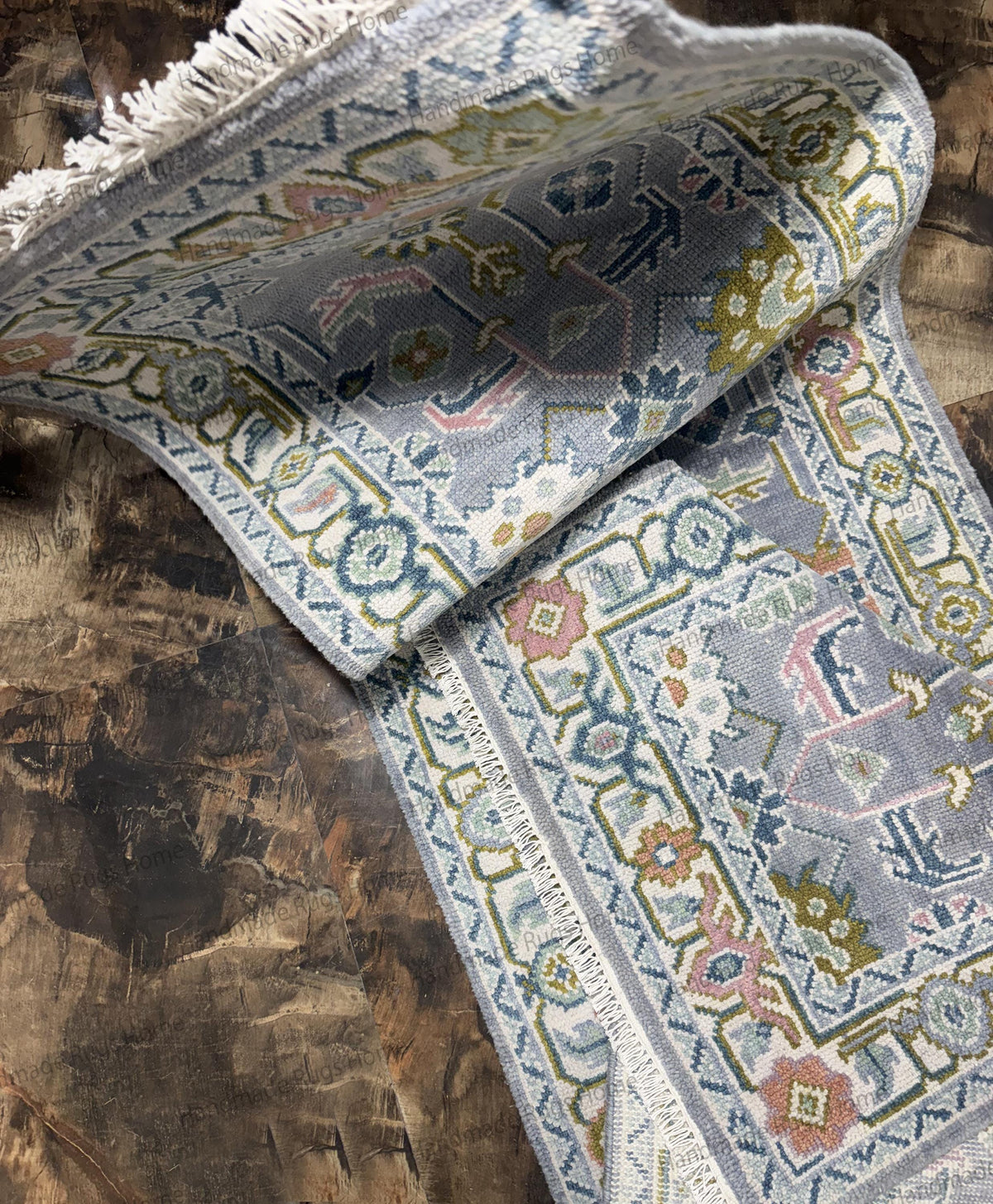 Hand Knotted Wool Oushak Runner Rug | Turkish Floral Design