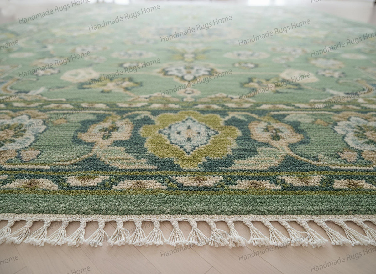 Handmade Oushak Green Carpet, Oriental Wool Rug for Living Room, Eco-Friendly Vintage Style