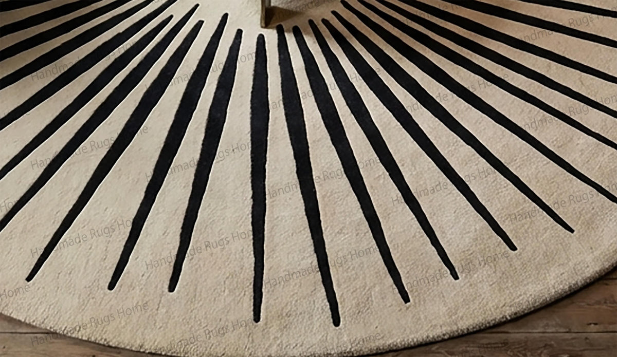 Hand Tufted Wool Round Rug, Geometric Sunburst Design, Modern Living Room Carpet
