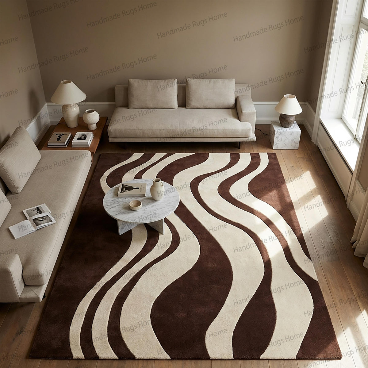 Hand tufted mocha brown and ivory abstract wool rug in luxury living room,
Modern wave pattern area rug with soft cream curves,
Premium wool designer rug styled in elegant neutral interior,
Contemporary brown and ivory statement carpet with flowing pattern