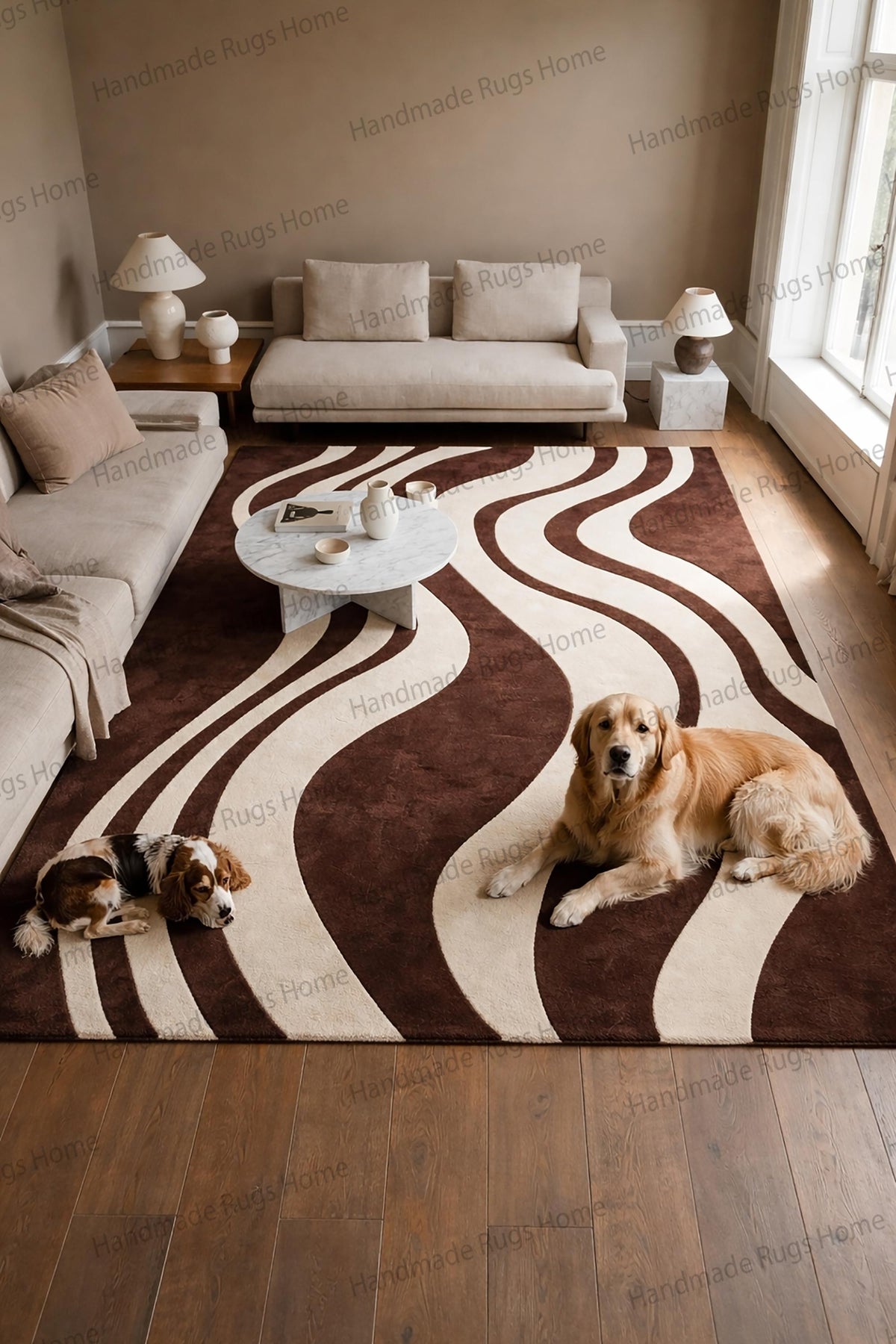 Modern abstract carpet with soft dense wool pile,
Luxury neutral rug paired with beige sofa decor,
Premium handcrafted wool rug with flowing artistic lines,
Contemporary interior design with mocha ivory area rug,
Soft textured hand tufted rug perfect for pet friendly home