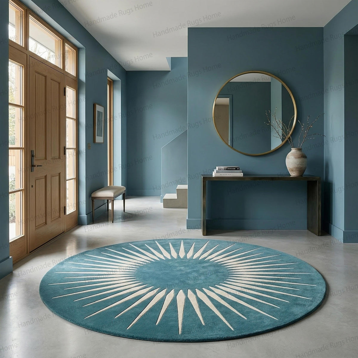 Hand-Tufted Wool Sunburst Rug, Teal Ivory Modern Round Carpet, Geometric Living Room Decor