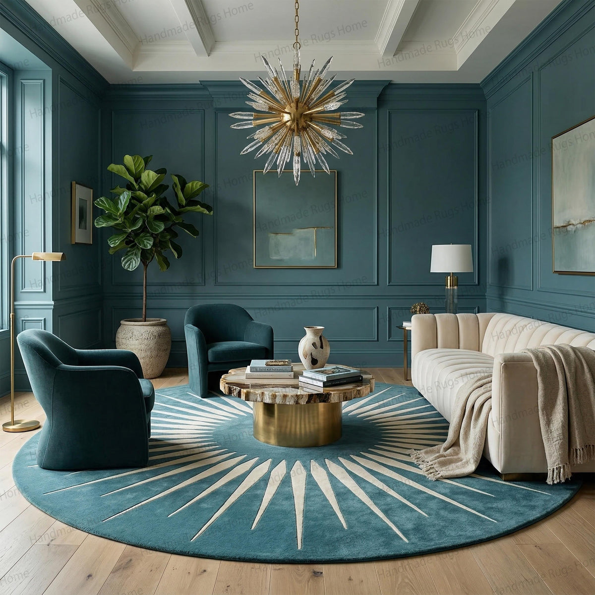 Hand-Tufted Wool Sunburst Rug, Teal Ivory Modern Round Carpet, Geometric Living Room Decor