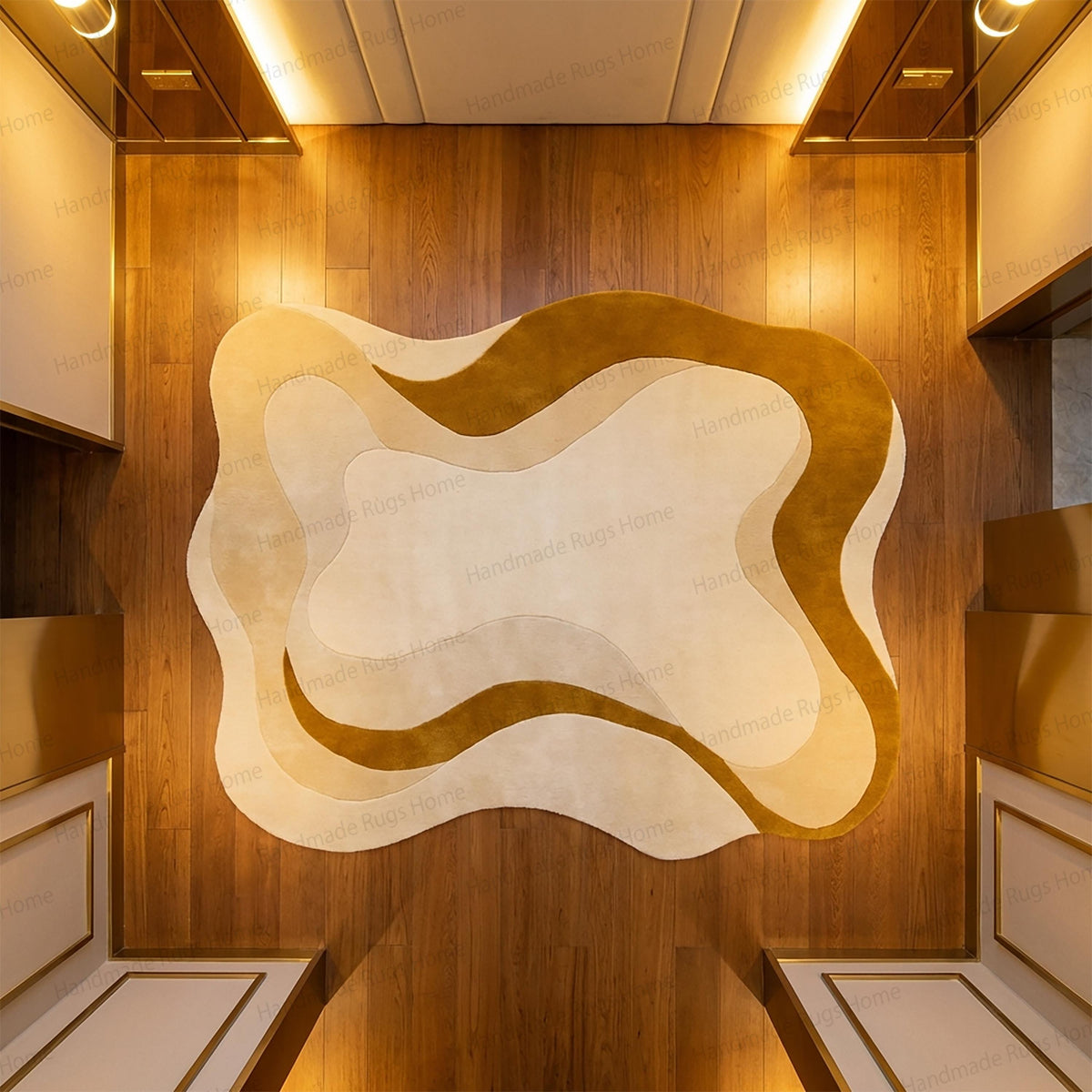 Freeform blob shape carpet adding aesthetic warmth to a chic space.
Premium thick pile handmade rug showcasing fluid artistic lines.
Elegant neutral color palette floor art in an upscale minimalist nursery.