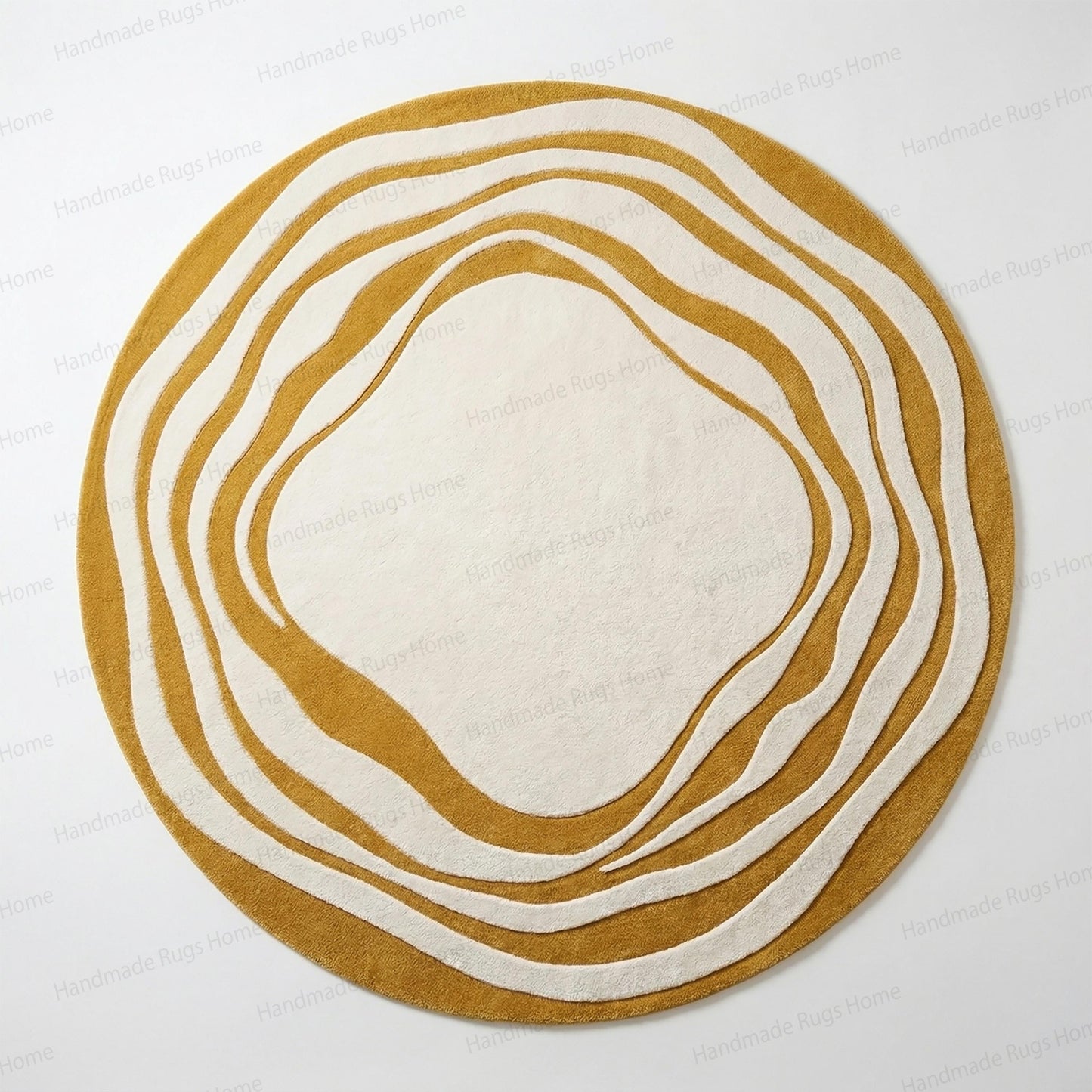 The Aurelia Fluctus Hand-Tufted Circular Rug | Abstract Topography Wavy Design in Mustard Gold & Pearl Cream