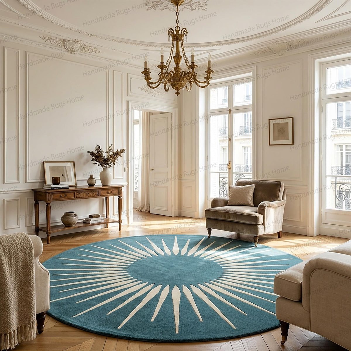 Hand-Tufted Wool Sunburst Rug, Teal Ivory Modern Round Carpet, Geometric Living Room Decor