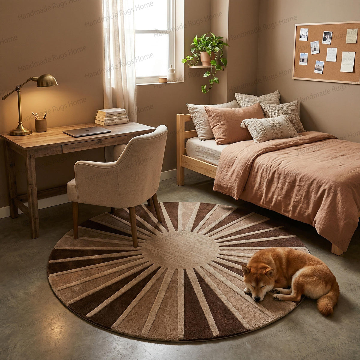 Round hand tufted wool rug with sunburst pattern in earthy brown tones,
Luxury circular starburst carpet featuring high low textured rays,
Beige and chocolate geometric round area rug for living room,
Modern mid century inspired radiating sun design floor covering,
Boho chic nursery decor accent piece in warm neutral colors