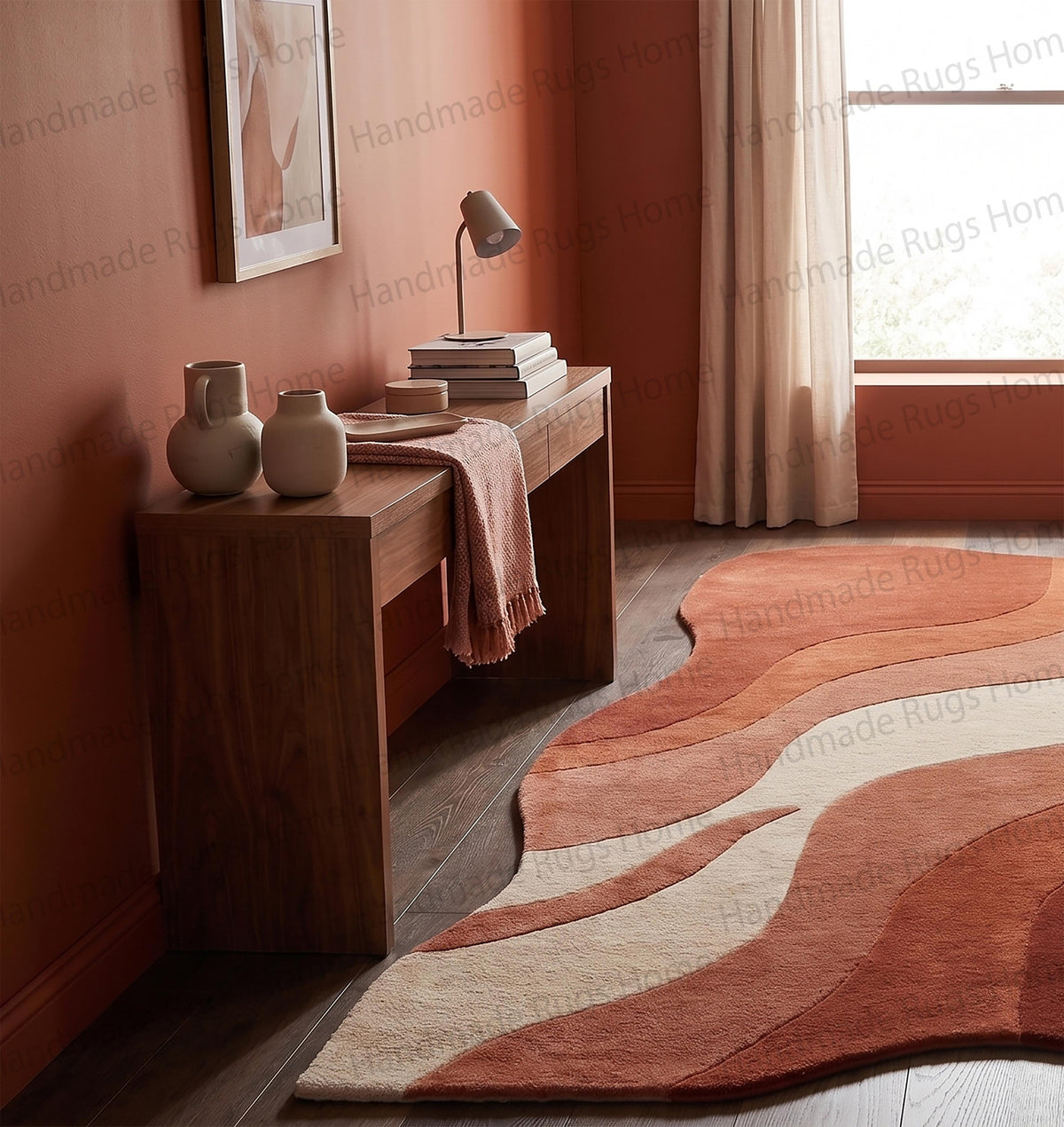Hand-Tufted Wool Wavy Rug, Abstract Terracotta Mid Century Modern Carpet