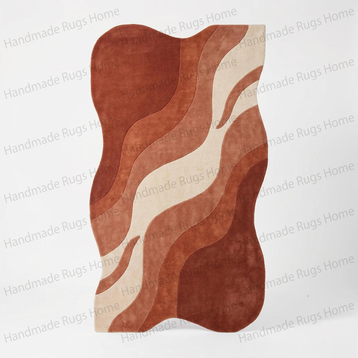Hand-Tufted Wool Wavy Rug, Abstract Terracotta Mid Century Modern Carpet