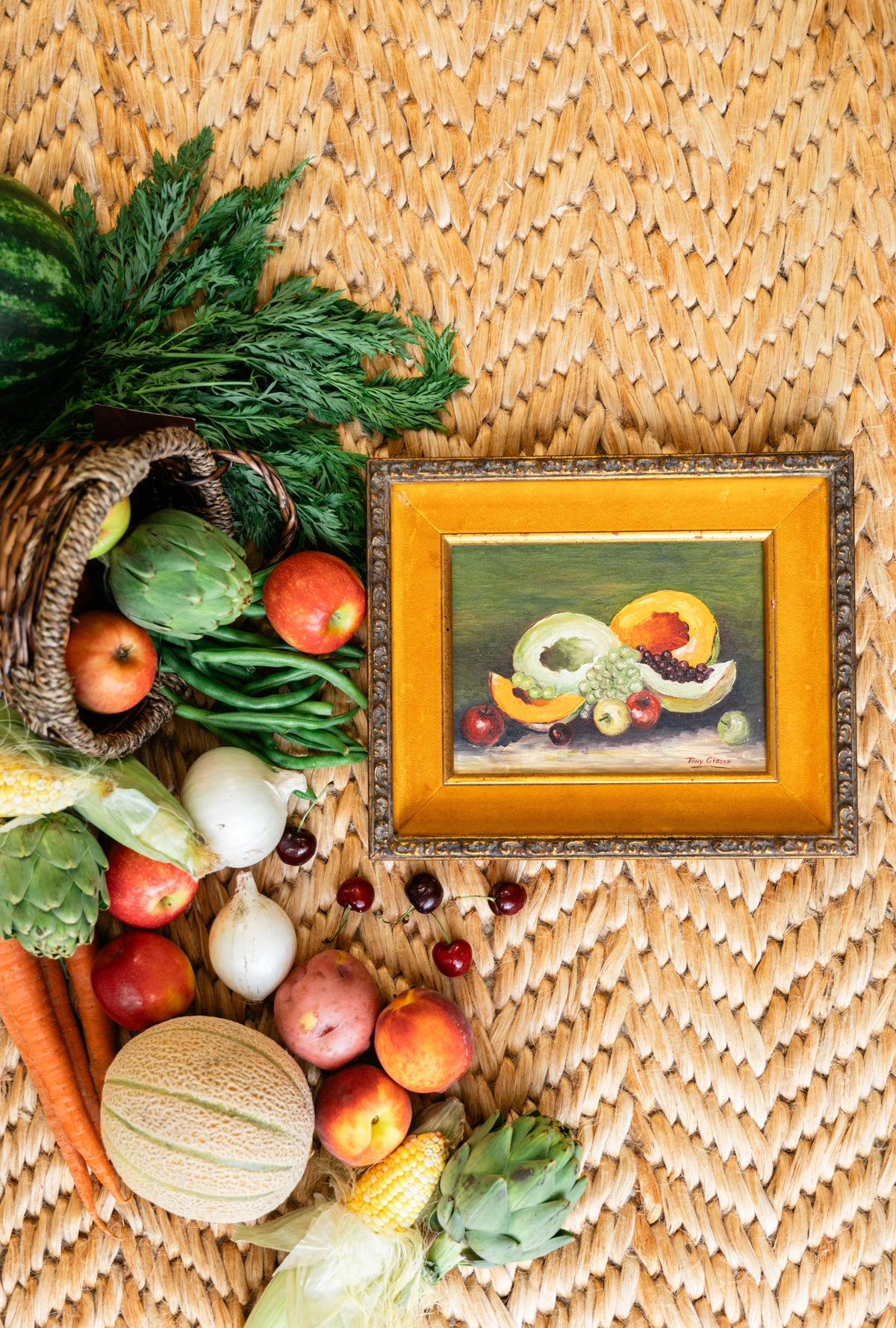Natural jute herringbone rug styled with fresh produce and rustic natural decor