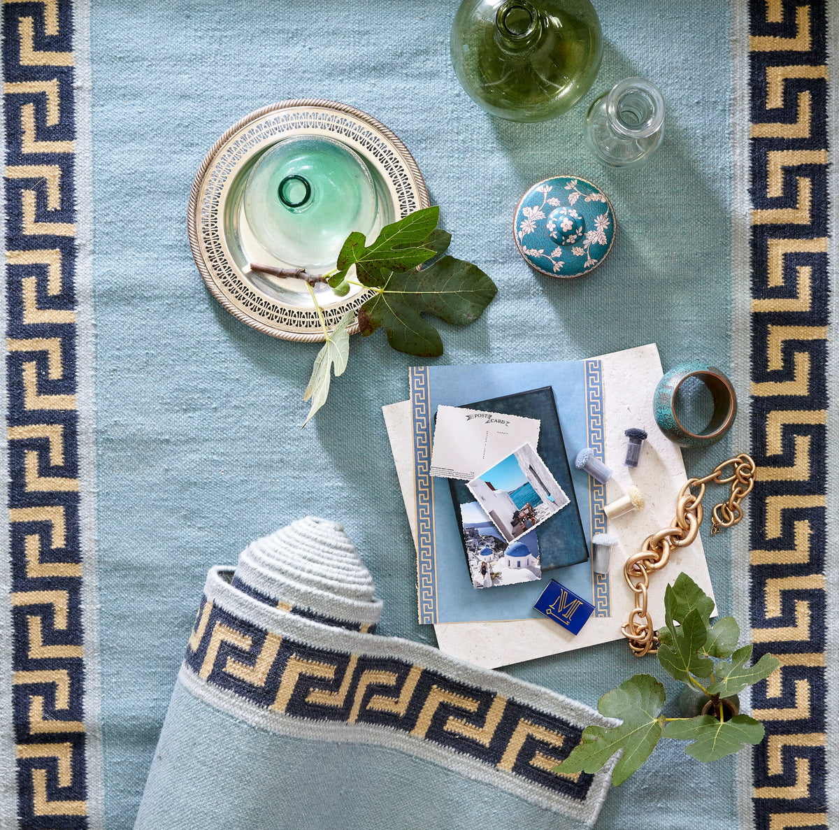 Aqua Blue & Navy Flatweave Rug – Greek Key Border 8x10 Area Rug