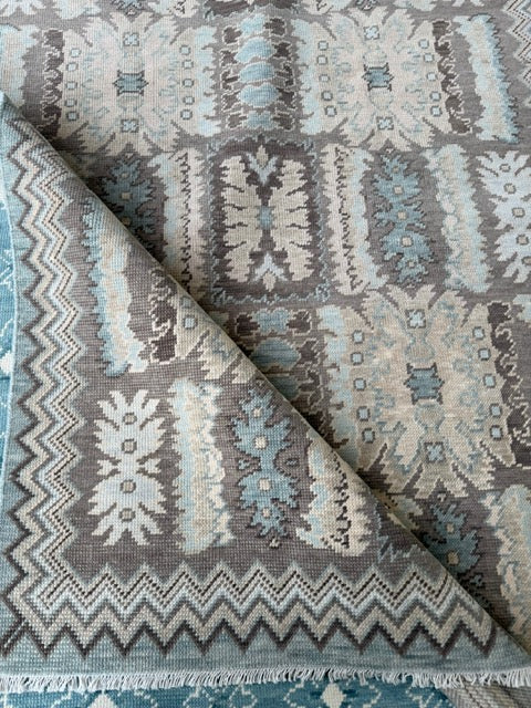 Brown & Blue Modern Oushak Rug – Ivory Geometric Tribal 9x12 Area Rug