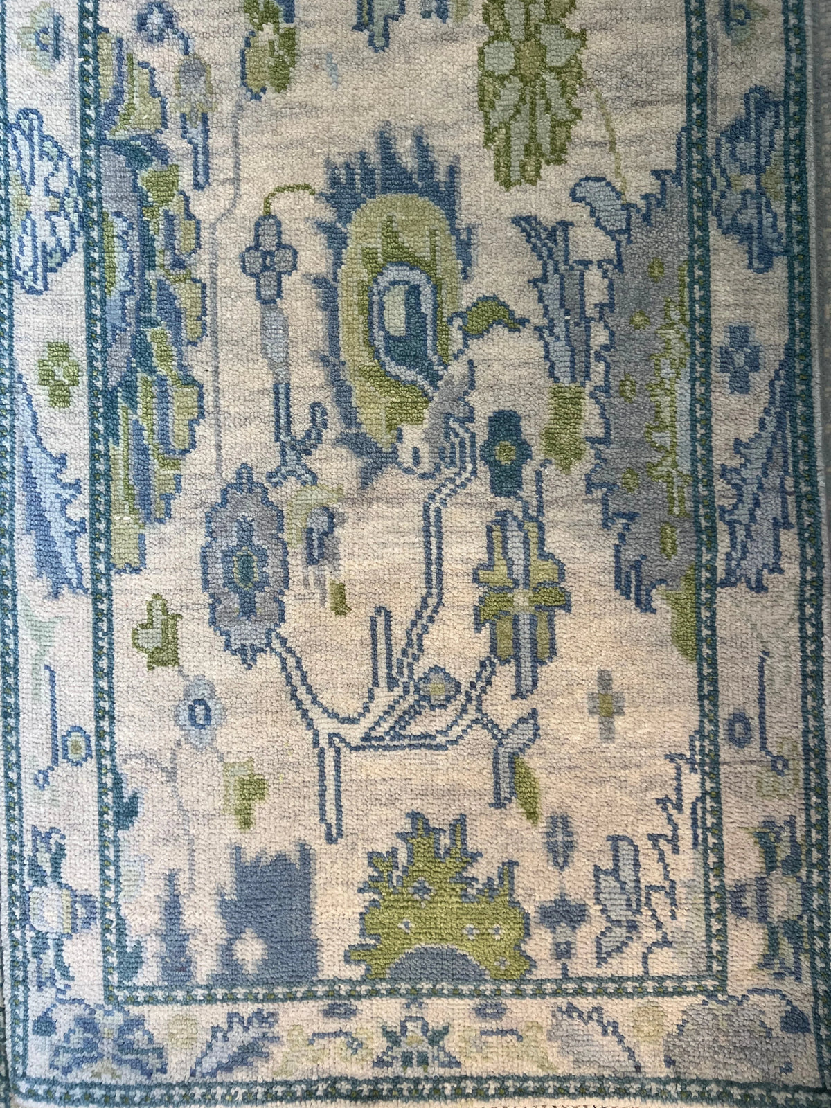 Blue & Sage Modern Oushak Runner Rug – Ivory Floral 3x7 Area Rug