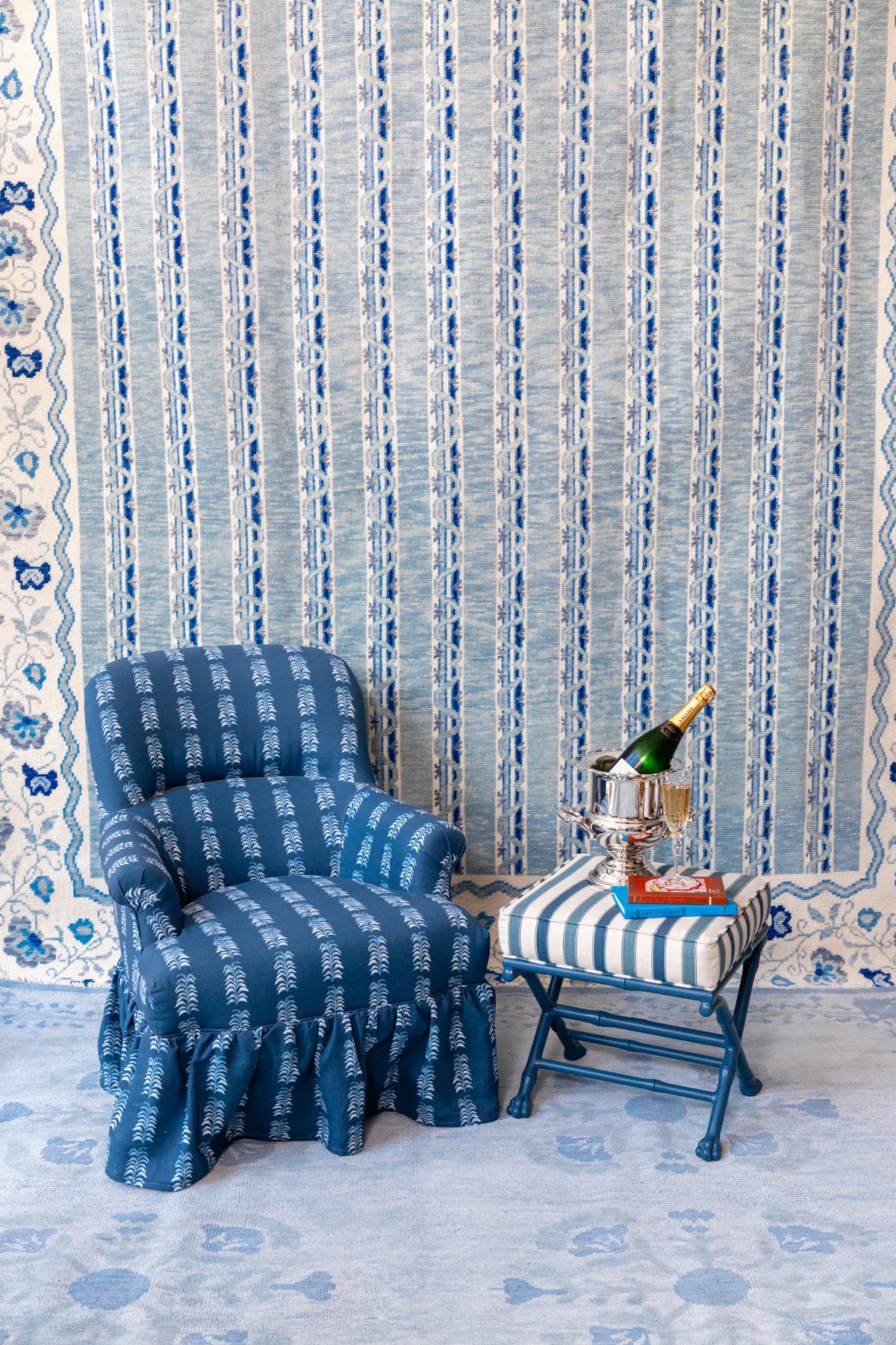 Blue and ivory Modern Oushak area rug with structured vertical ornamental bands and floral border