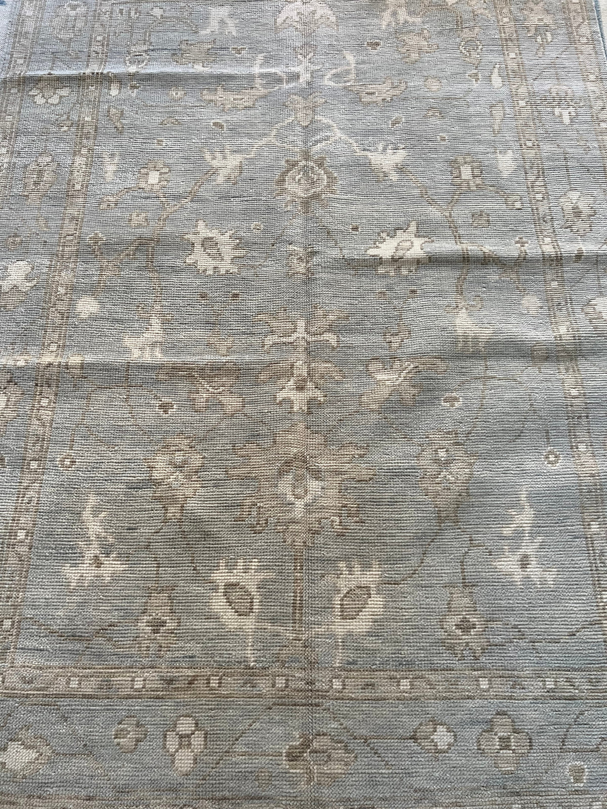 Dusty Blue & Ivory Modern Oushak Rug – Floral Geometric Designer Area Rug