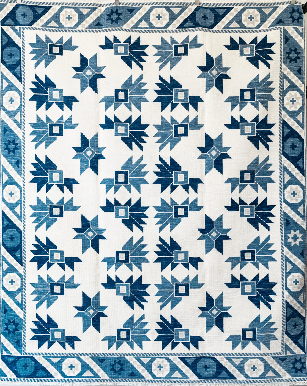 Modern Oushak Rug – Blue & Ivory Geometric Floral Designer Area Rug