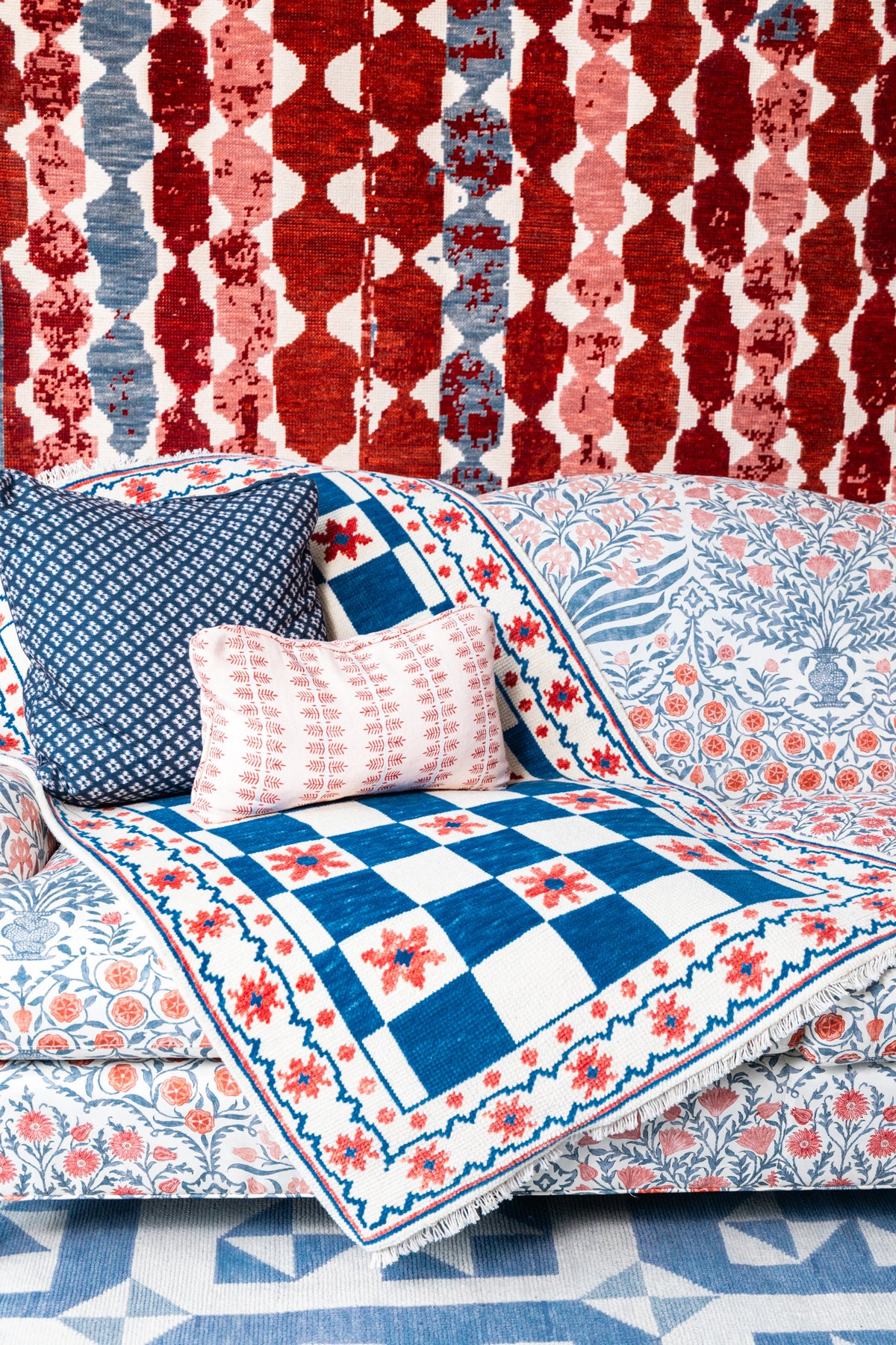 Modern Oushak Rug – Blue, Red & Ivory Checkerboard Floral Area Rug