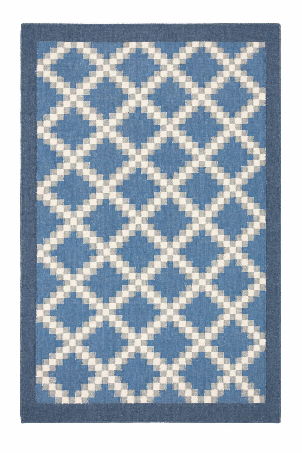 Denim Blue & Ivory Geometric Flatweave Rug – Coastal Designer Area Rug
