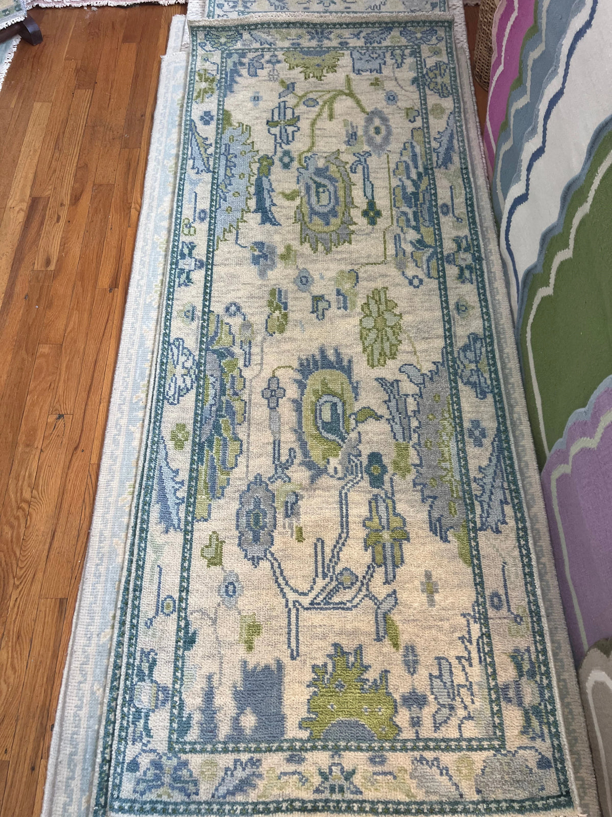 Blue & Sage Modern Oushak Runner Rug – Ivory Floral 3x7 Area Rug