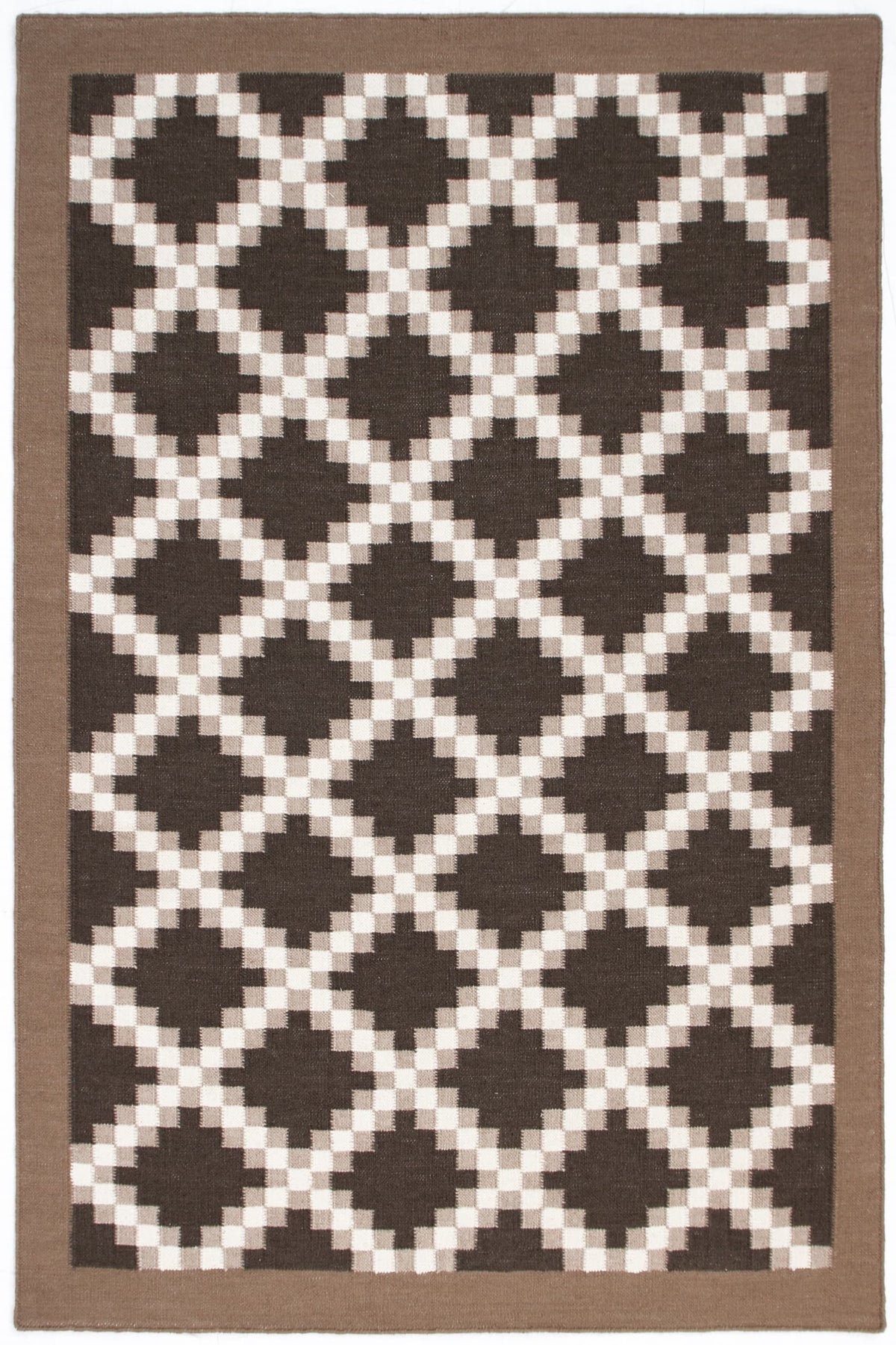 Brown and ivory geometric flatweave area rug shown in full with repeating Southwestern pattern