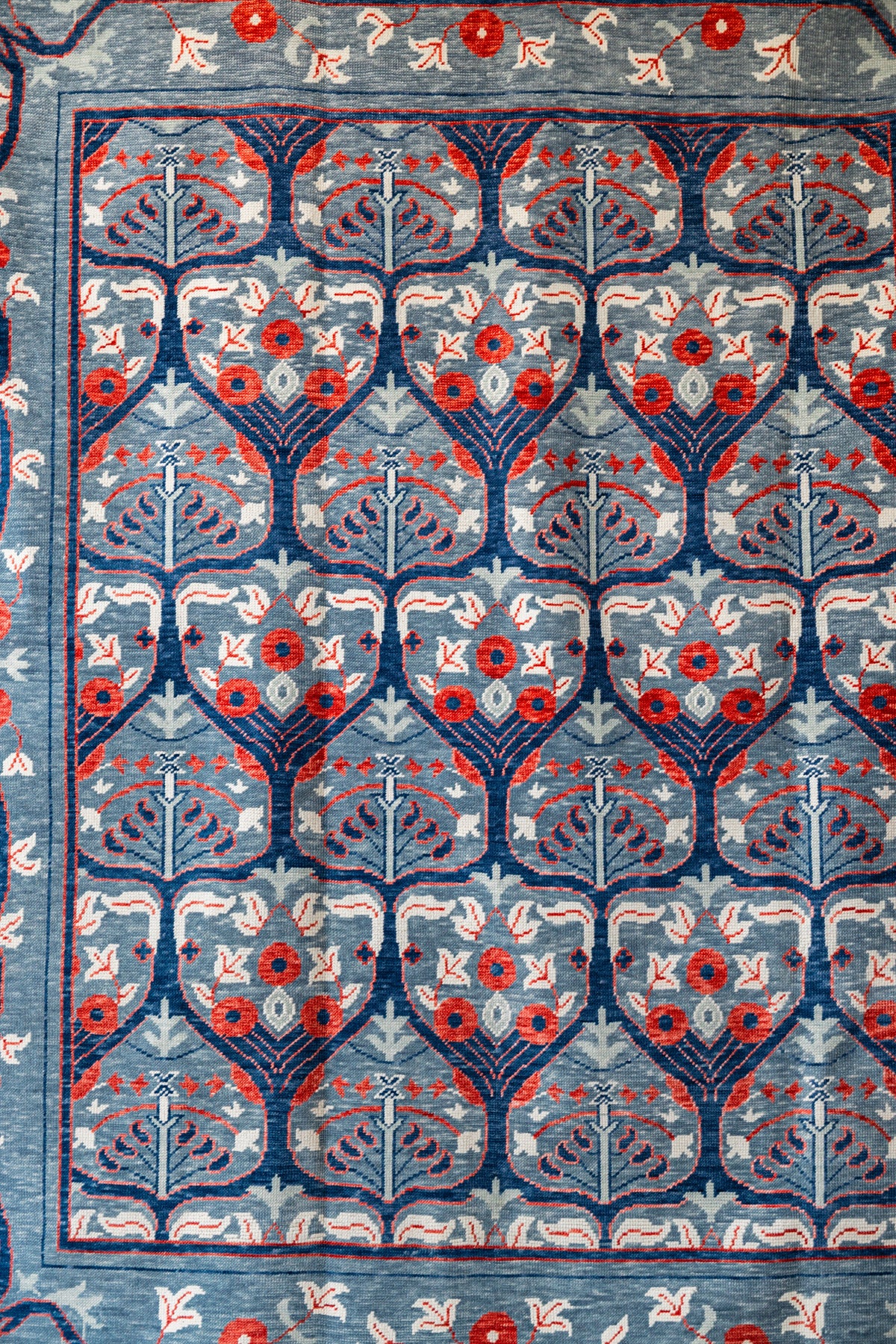 Modern Oushak Rug – Blue, Red & Ivory Botanical Statement Area Rug