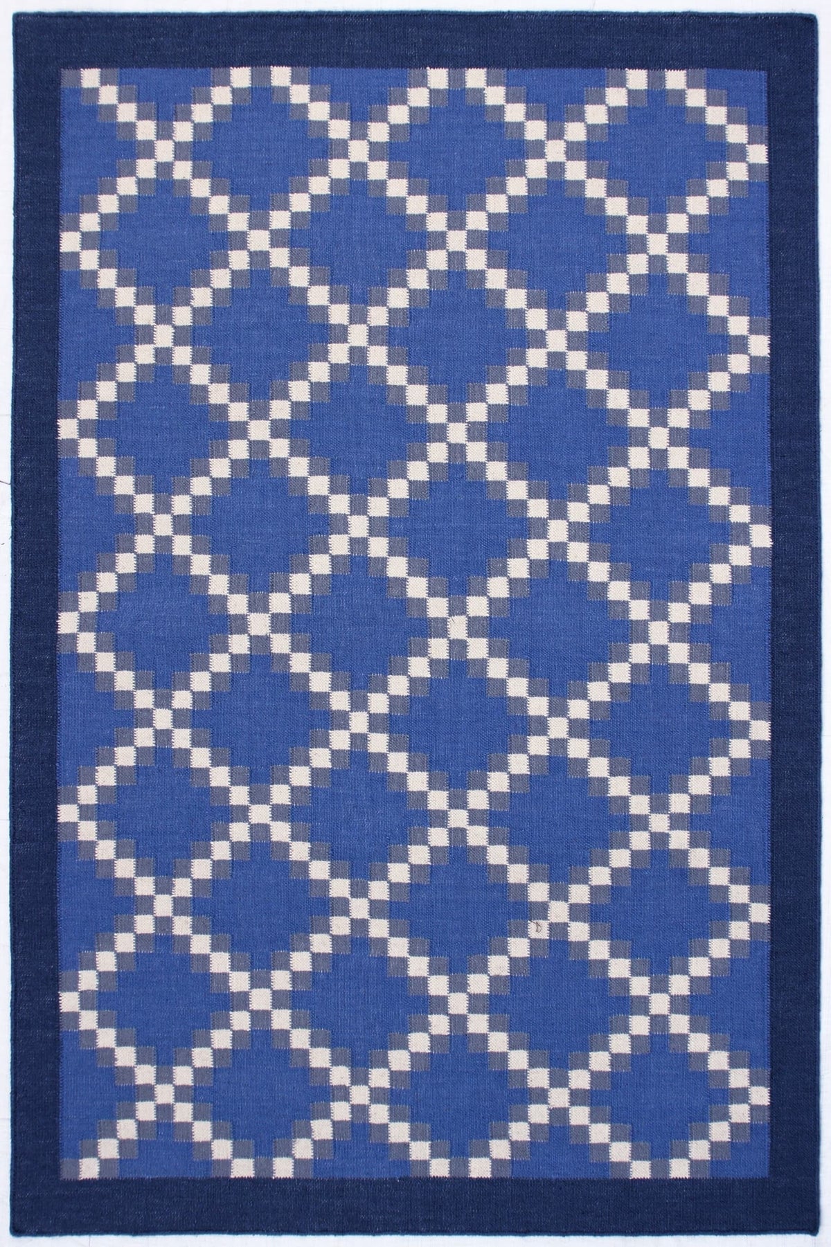 Denim Blue & Ivory Geometric Flatweave Rug – Coastal Designer Area Rug