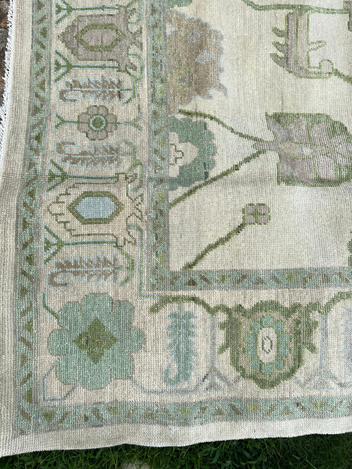 Ivory & Sage Modern Oushak Rug – Blue Green Floral Geometric 12x15 Area Rug