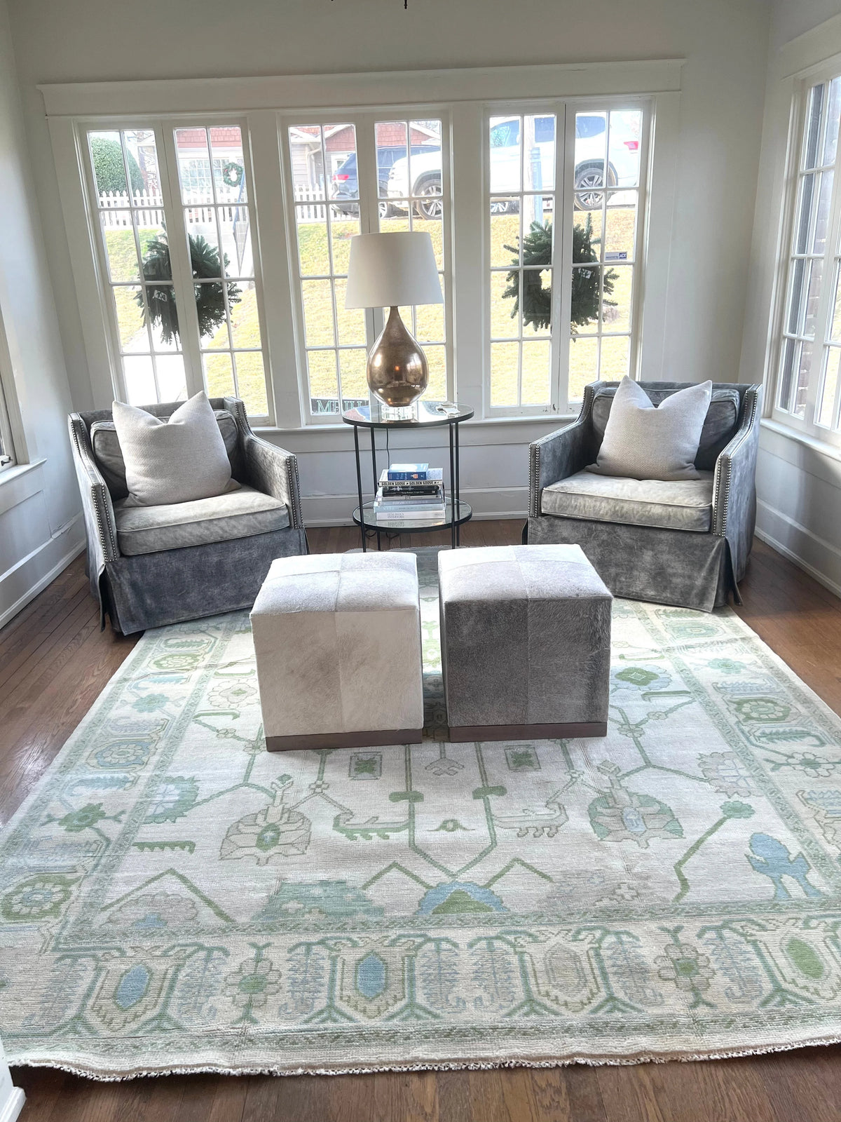 Ivory & Sage Modern Oushak Rug – Blue Green Floral Geometric 12x15 Area Rug