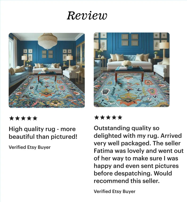 Teal Hand-Knotted Wool Rug: Turkish Style Oushak, Vintage-Inspired