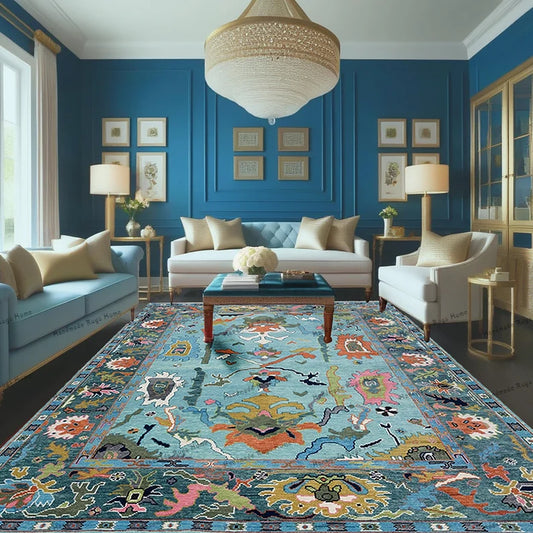 Teal Hand-Knotted Wool Rug: Turkish Style Oushak, Vintage-Inspired
