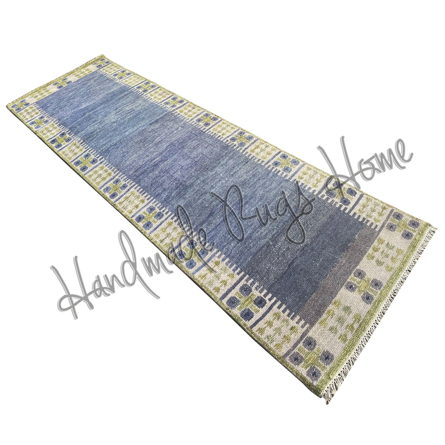 Handwoven Oushak Rug: Blue & Green Vintage Style Wool Carpet