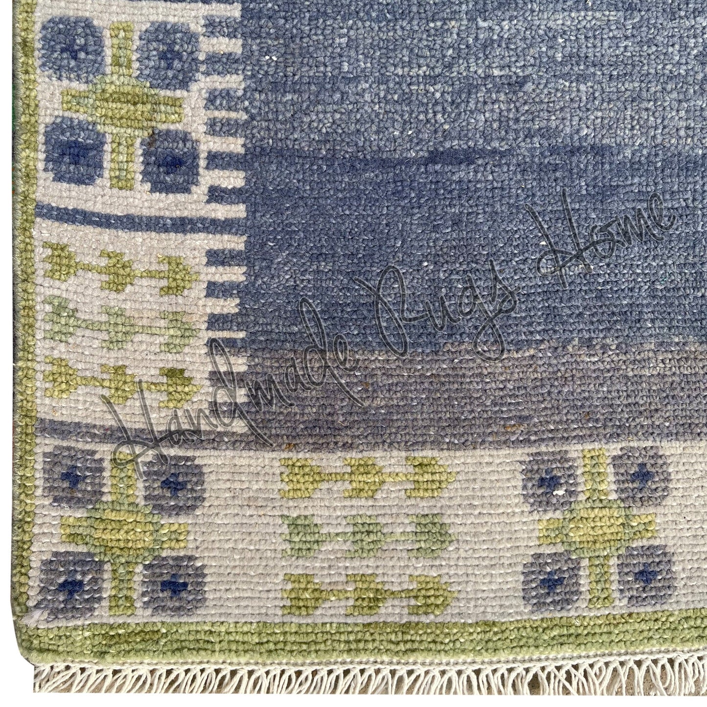Handwoven Oushak Rug: Blue & Green Vintage Style Wool Carpet