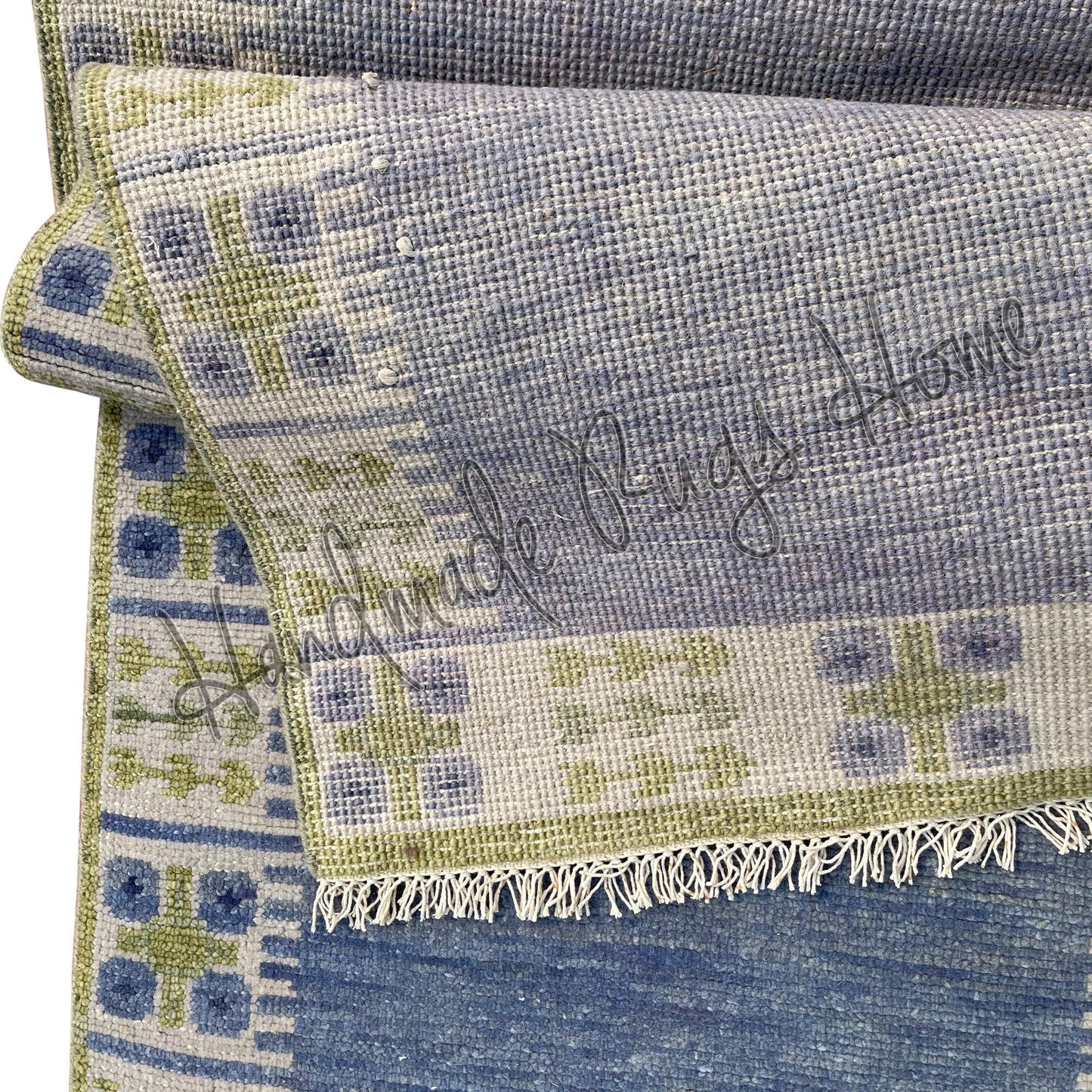 Handwoven Oushak Rug: Blue & Green Vintage Style Wool Carpet