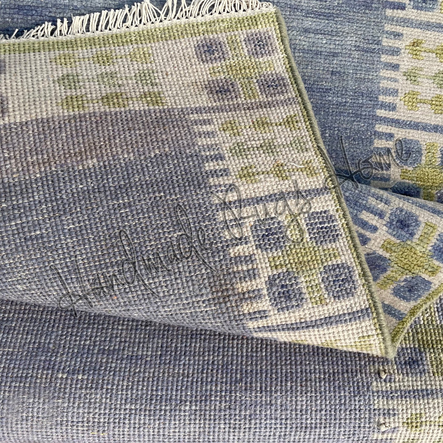 Handwoven Oushak Rug: Blue & Green Vintage Style Wool Carpet